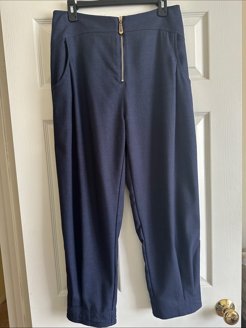 High-Waist Navy Cropped Pull-On Pants with Front Zip